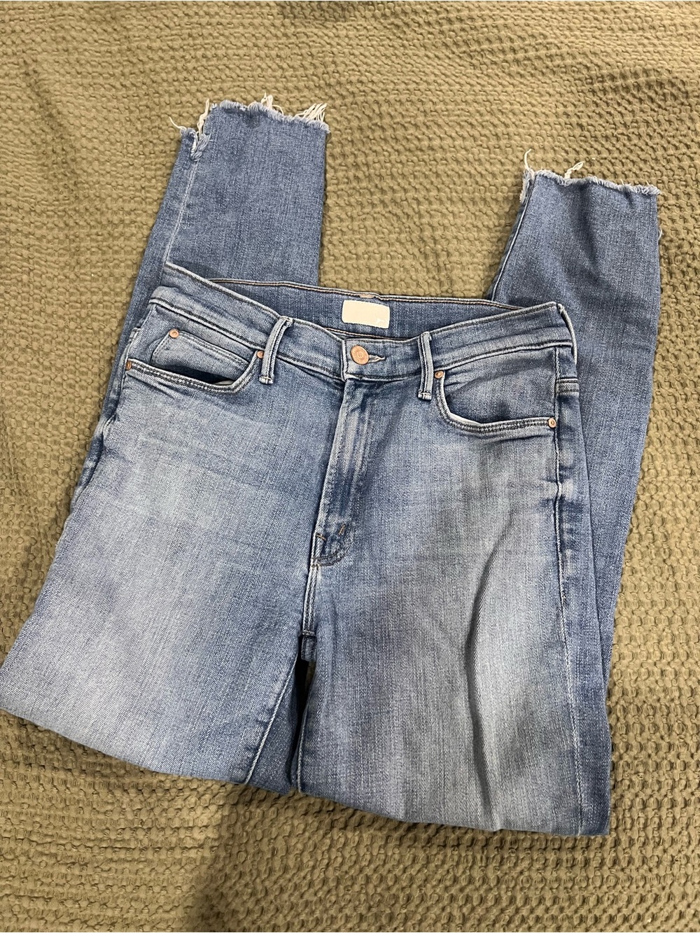 MOTHER Light Blue High-Rise Cropped Jeans with Frayed Hem